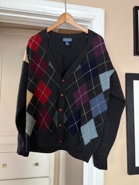 Lands' End 100% Lambswool Argyle Cardigan Sweater – Men's M Knit in Ireland 🇮🇪